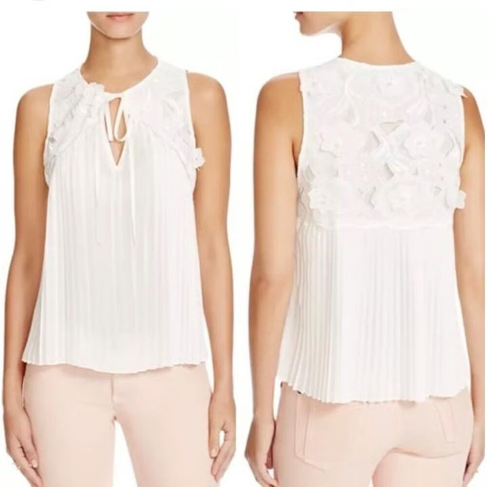 Alice + Olivia Pleated Floral Lace Top Small Off White Beaded Sleeveless Boho